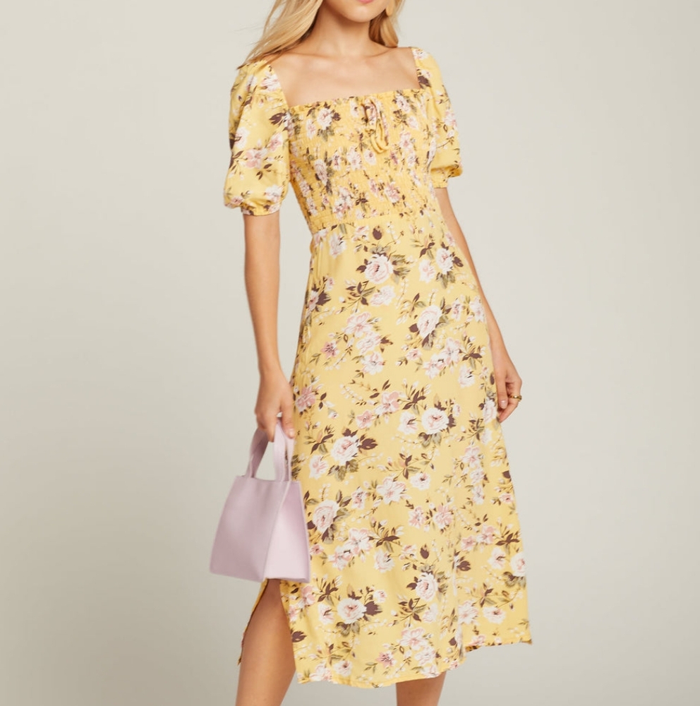 Faithfull the Brand Yellow Floral Smocked Midi Dress
